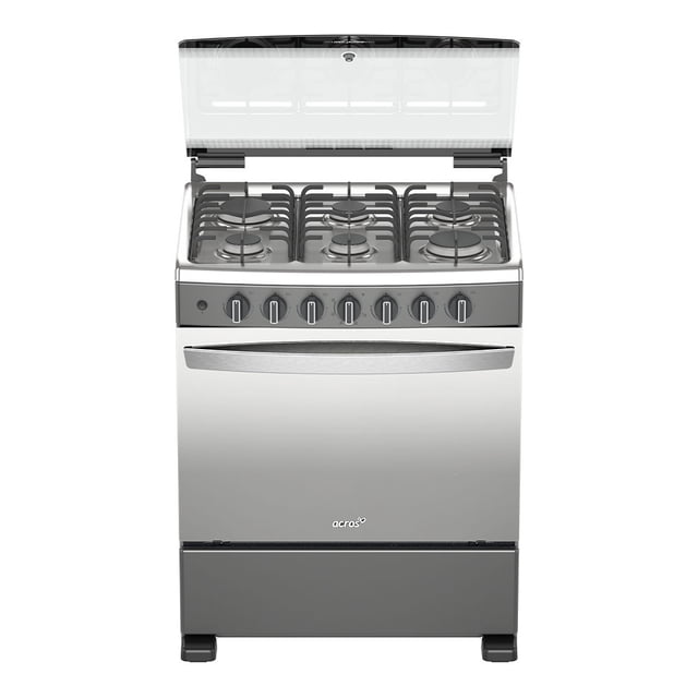 estufa acros de piso 6 quemadores tittanio con capelo afr7122g estufa de piso color titanio con cubierta de acero inoxidable y tapa capelo de cristal templado abierta; vista frontal con seis quemadores, panel con seis perillas ergonómicas color titanio y jaladera premium de una sola pieza en acero inoxidable en puerta panorámica tipo espejo. Interior del horno con luz y acabado cerámico negro, adecuada como estufa y horno para uso doméstico.