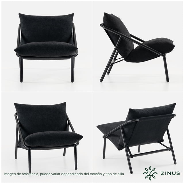 silla de metal zinus ada con cojines de memory foam color negro vista frontal y 3/4 en estudio; estructura tubular de acero negra con silueta cuadrada y patas inclinadas, cojines tapizados negros con relleno de espuma triturada que se adapta al cuerpo en asiento y respaldo, fondo blanco.