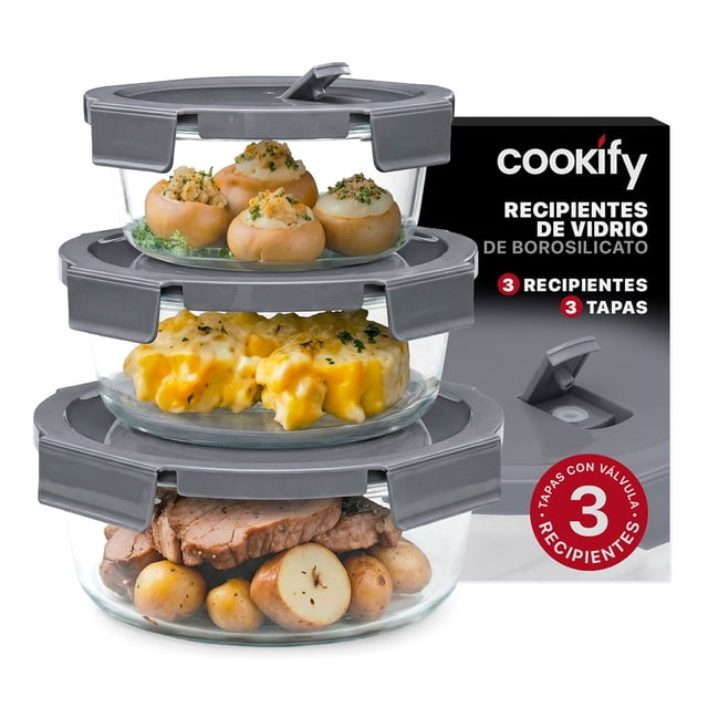 set 3 recipentes redondos de vidrio cookify, tapa hermética | refractarios contenedores resistentes sin bpa, aptos para horno, congelador — Tres recipientes redondos apilados, vista frontal en 3/4; vidrio transparente en capacidades 650 ml, 950 ml y 1300 ml con tapas grises herméticas de 4 pestañas y anillo de silicona removible. Tapas muestran válvula de escape visible. Imagen incluye porciones de comida y caja Cookify al fondo; aptos para almacenar y transportar sin derrames, y adecuados también como moldes individuales para hornear.