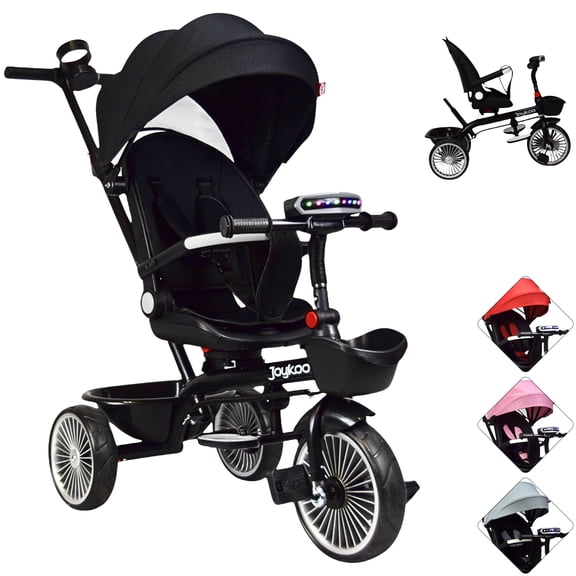 Carriola tipo Triciclo para Niños Asiento Giratorio 360 JOYKOO Reclinable Luz Sonido Negro