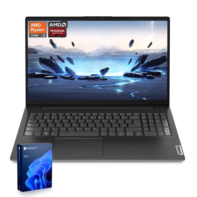 lenovo laptop v15 g4 de 15,6" con pantalla full hd, procesador amd ryzen 5 7530u, 16 gb de ram, ssd de 512 gb, wi-fi 6 y windows 11 pro en color negro. Vista frontal 3/4 de portátil abierto con pantalla antirreflejo 15.6" mostrando paisaje, teclado con teclado numérico y trackpad centrado, cámara 720p en el bisel superior y logotipo Lenovo en la base; chasis negro. Equipada con puertos como USB-A, USB-C y HDMI según especificaciones, adecuada para rendimiento multitarea y uso como equipo para trabajo remoto.