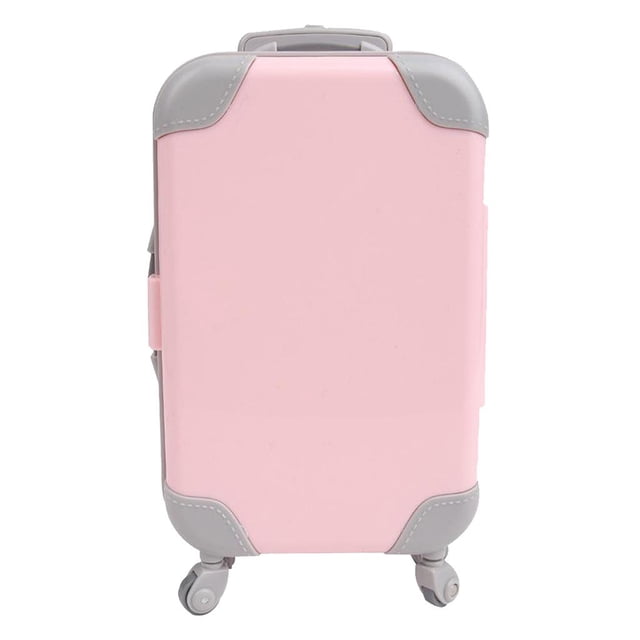 maleta de muñeca yotijar con asa y ruedas de 18 pulgadas rosa maleta rígida frontal con carcasa de plástico rosa y refuerzos gris, asa superior retráctil, asa lateral y cuatro ruedas giratorias; tamaño compacto según título, pensada para almacenar accesorios de muñecas y apta también como caja de juego para dinero o pequeños objetos de juguete.