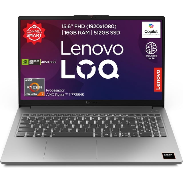 Laptop Gamer Lenovo LOQ 15ARP10E: Procesador AMD Ryzen 7 7735HS (hasta 4.75 GHz), Memoria de 16GB DDR5, SSD de 512GB, Pantalla de 15.6" LED, Video NVIDIA GeForce RTX 4050, S.O. Windows 11 Home.