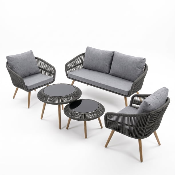 Juego de Muebles de Jardin Jardimex Rattan 5 Pz Doble Mesa Negro