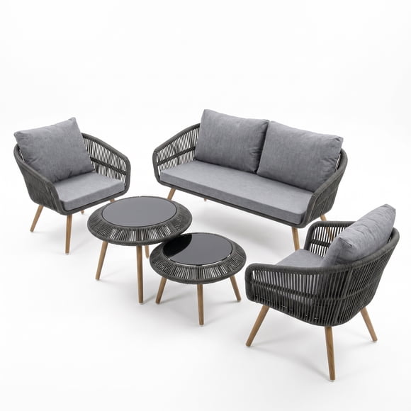 Juego de Muebles de Jardin Jardimex Rattan 5 Pz Doble Mesa Negro