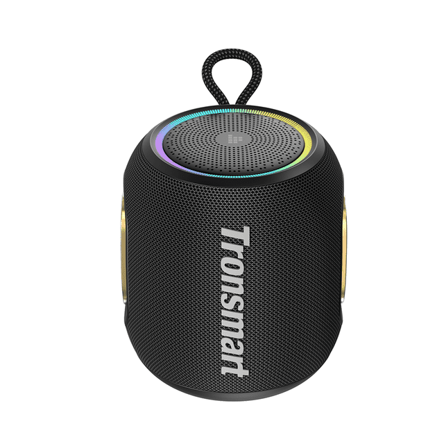 bocina bluetooth tronsmart t8 mini portátil negra para exteriores vista frontal centrada con rejilla texturizada y logo Tronsmart vertical, anillo superior perforado con luces RGB, asa de cuerda superior y radiadores dorados laterales; diseño compacto con sonido 360 y hasta 20 horas de batería según especificación, adecuada para llevar a eventos al aire libre.