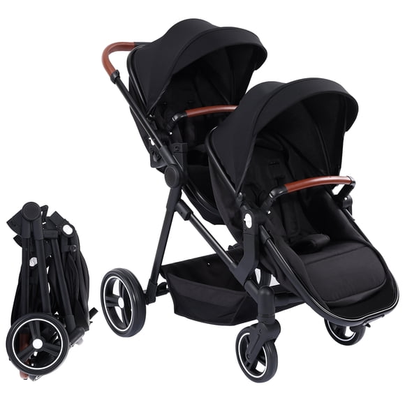 Cochecito gemelar en tándem plegable con asiento reversible, respaldo ajustable, capota extensible, arnés de 5 puntos y amplia cesta de almacenamiento, color negro