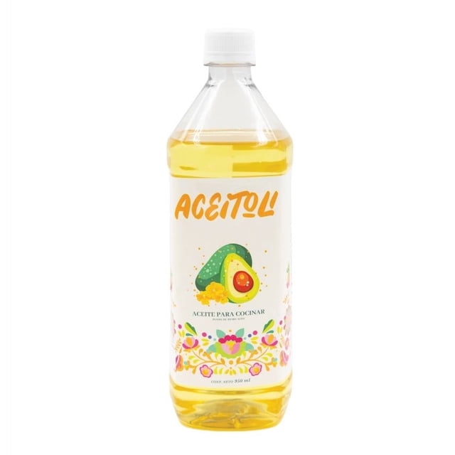 aceite aceitoli de aguacate 950 ml botella frontal transparente con etiqueta blanca de la marca Aceitoli, ilustración de aguacate y motivos florales, tapa blanca y aceite amarillo claro; aceite comestible para cocinar y freír, también suele usarse para preparar vinagretas.