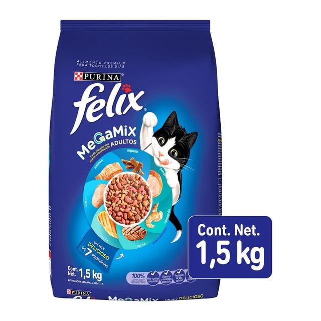alimento para gato felix megamix adulto 1.5 kg bolsa azul, vista frontal con logo Felix y dibujo de gato negro y blanco; ventana circular muestra croquetas mixtas y piezas de proteína, recuadro indica cont. net. 1,5 kg y sello Purina visible.
