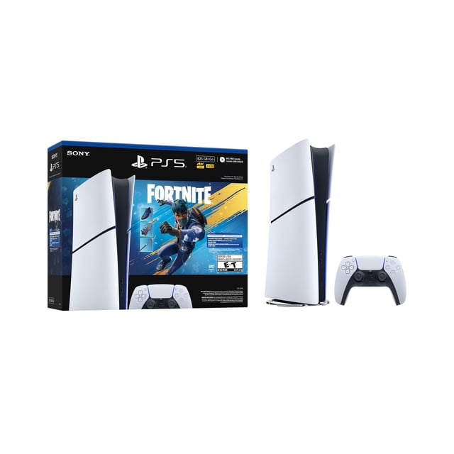 consola de videojuegos playstation ps5 digital 825gb fortnite consola vertical blanca con inserciones negras y luz LED azul, control DualSense blanco al frente y caja con arte de Fortnite visible.