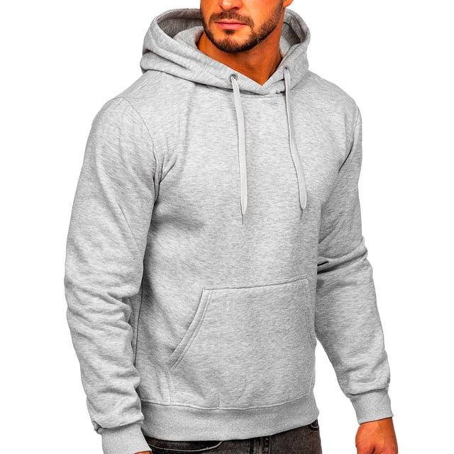 sudadera para hombre shendy vendy con capucha hoodie gris jaspe, vista frontal centrada de torso masculino; capucha con cordón ajustable, bolsillo tipo canguro, mangas con dobladillo reforzado y puños y dobladillo elásticos; 100% poliéster cepillado, lavable a máquina; diseño clásico y básico ideal para actividad ligera, salir a pasear o relajarse en casa.