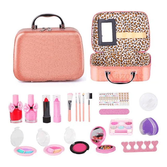 juguete de maquillaje malubero cosmético manicure malu1359 21 piezas set rosa con estuche rígido con asa y forro estampado animal; incluye 21 piezas visibles: brochas pequeñas, paleta de sombras, espejo compacto, separadores de dedos y accesorios de manicura; materiales solubles en agua, lavar con agua y jabón; ideal para niñas de 4 a 12 años y como regalo; también suele usarse para juegos de rol y práctica creativa.