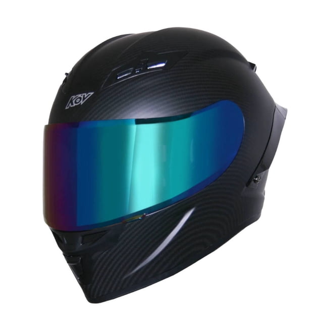 casco para moto kov deportivo kc1 tipo agv certificado talla m kov kc1 casco cerrado con certificación DOT, acabado tipo fibra de carbono sobre carcasa ABS, visera espejada multicolor, ventilaciones superiores visibles y forro interno desmontable y anti-humedad; también suele usarse para prácticas de pista o entrenamiento urbano por su diseño aerodinámico.