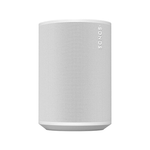 Bocina inalámbrica Sonos Era 100 Wifi Bluetooth ERA100-W blanco, vista frontal centrada de torre compacta con rejilla perforada y logo Sonos vertical; se calibra con la app Sonos (Trueplay) para sonido estéreo y graves intensos, adecuada para librero, escritorio o barra de cocina.