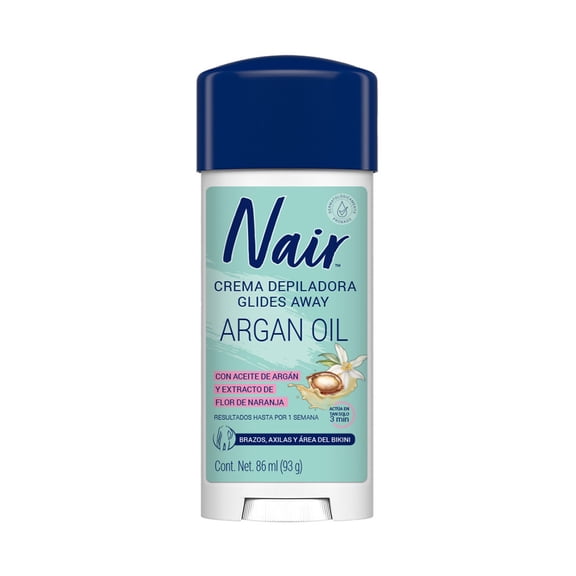 Nair Crema Depiladora Glides Away Argan Oil 86 ml. Probada por Dermatólogos con Ingredientes Naturales. Piel Suave y Tersa hasta por 1 Semana