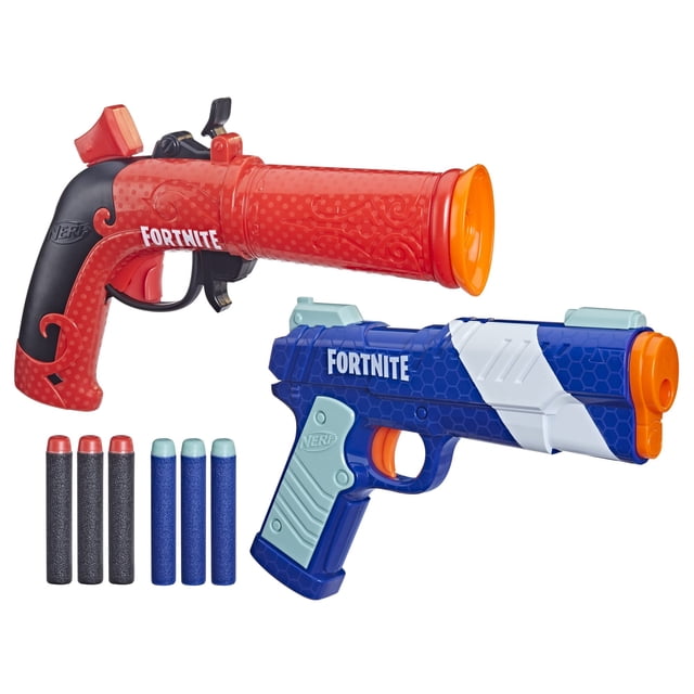 nerf fortnite dual pack includes 2 blasters (flint-knock & lp) and 6 elite foam darts Paquete doble sobre fondo blanco con dos lanzadores Nerf Fortnite: Flint-Knock rojo con empuñadura negra y cañón texturizado, y LP azul y blanco con empuñadura turquesa y cañón naranja; ambos llevan la marca 'Fortnite'. Seis dardos Nerf Elite alineados delante (tres con punta roja, tres con punta turquesa). Composición frontal, listo para juegos al aire libre; suele usarse para partidas rápidas y recargas.