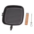 thumbnail image 2 of Cast Iron Skillet with Wooden Handle Square Uncoated Nonstick Cast Iron Grill Pan for Meats Steak Fish, 2 of 5