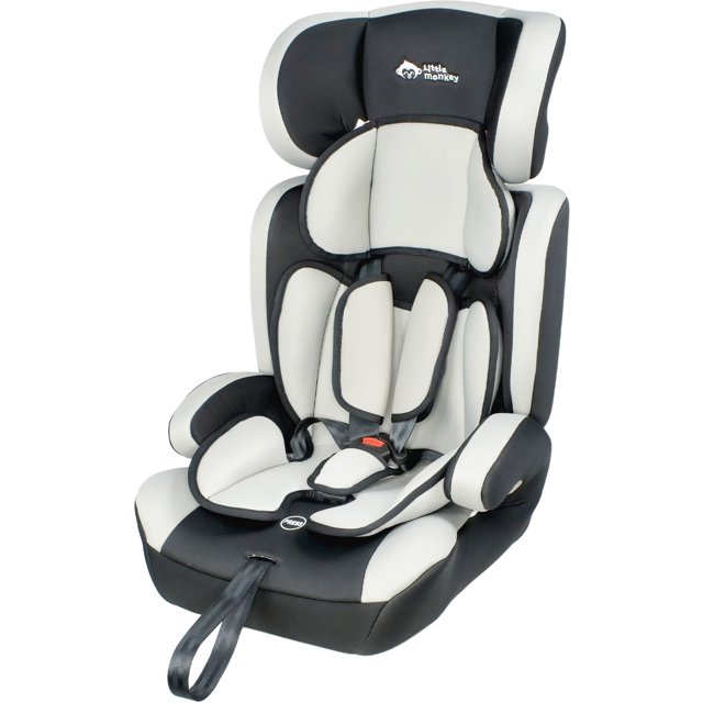 autoasiento seguridad silla niño 9m a 12 años ece r44/04 gris little monkey silla para automóvil, vista 3/4 frontal con respaldo alto y cabecera ajustable en 5 niveles; arnés de 5 puntos con almohadillas, cojín reductor para bebé, laterales acolchados y base con tirante para asegurar el cinturón. Configurable para grupos I/II/III con respaldo extraíble; suele utilizarse también para viajes largos por su acolchado ergonómico.