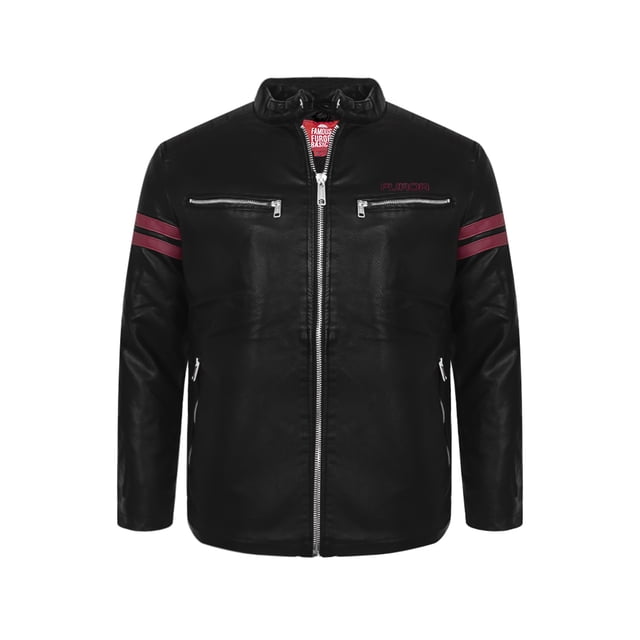 chamarra de vinipiel para caballero marca furor 100% original negra, vista frontal centrada con cierre metálico vertical y forro interior, bordado Furor en pecho, bolsillos laterales y de pecho con cierre, rayas burdeos en mangas, tirante ajustable con botón en cuello y ajuste en puño y cintura.