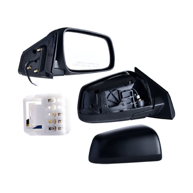 espejo lateral derecho generica 2008 a 2015 mitsubishi eléctrico p/pintar c/desemp 5 pines, vista frontal y trasera del conjunto: espejo derecho montado, carcasa para pintar separada, interior del alojamiento con mecanismo eléctrico visible y cableado, conector blanco de 5 pines y pieza única mostrada lista para instalación.