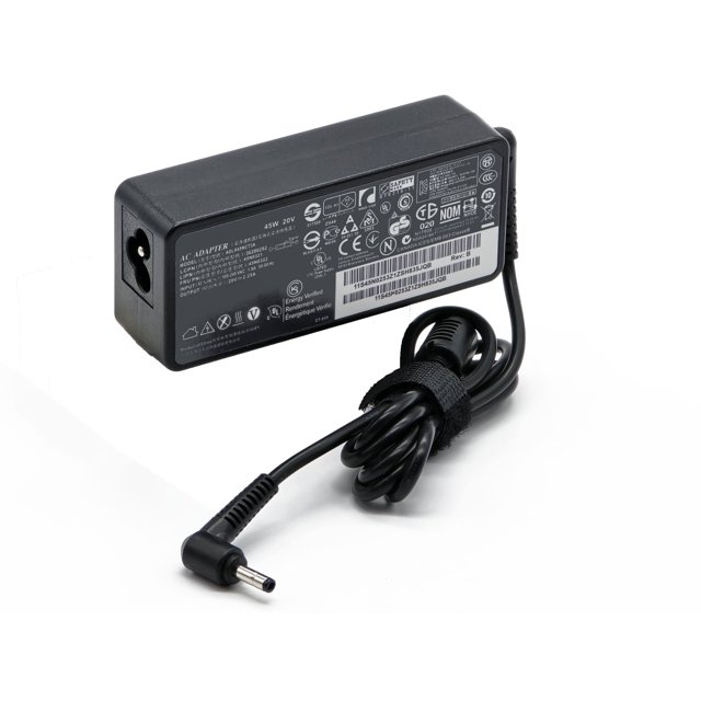 cargador adaptador para laptop compatible con lenovo 20v 2.25 punta delgada 4.0*1.7mm Negro, 3/4 frontal de adaptador rectangular con etiqueta técnica y símbolos de certificación, cable enrollado con velcro y conector delgado angular 4.0x1.7 mm; también se usa como cargador de reemplazo portátil para equipos móviles.