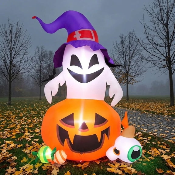 Inflable de Halloween Fantasma Brujo y Calabaza 1.5m con Luz LED, Decoración para Patio y Exterior