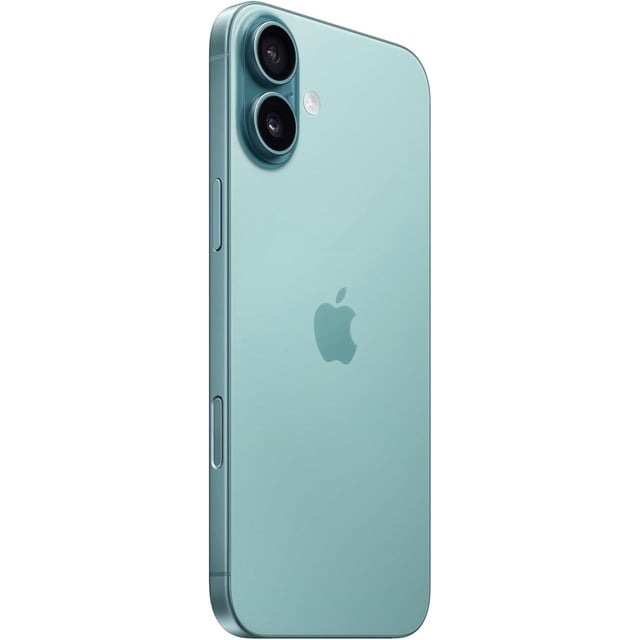 apple iphone 16 reacondicionado, desbloqueado , 256 gb, color verde azulado Reacondicionado iPhone 16, vista 3/4 trasera centrada; carcasa verde azulado mate, dos cámaras traseras con aros metálicos, flash y micrófono visibles, bordes planos de aluminio y botón lateral. Destaca 256 GB, chip A18, conectividad satelital y control total de la cámara, desbloqueado.