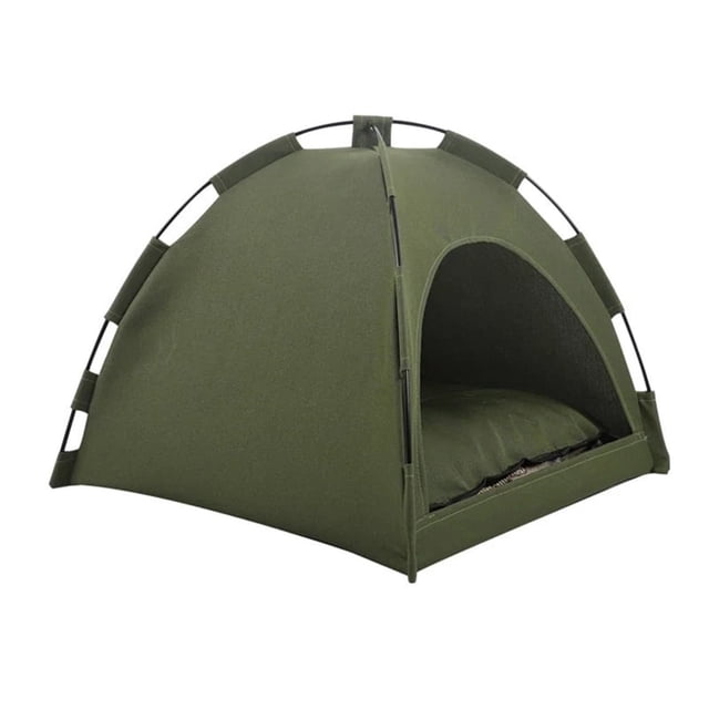 xihbxyly tienda de campaña para mascotas verde, vista frontal 3/4 de caseta semicerrada tipo tienda con arcos y tela de poliéster transpirable; apertura semicircular muestra colchoneta nido acolchada a juego, pensada para uso interior y exterior e ideal para perros pequeños; también suele usarse como refugio temporal para descanso en viajes cortos.