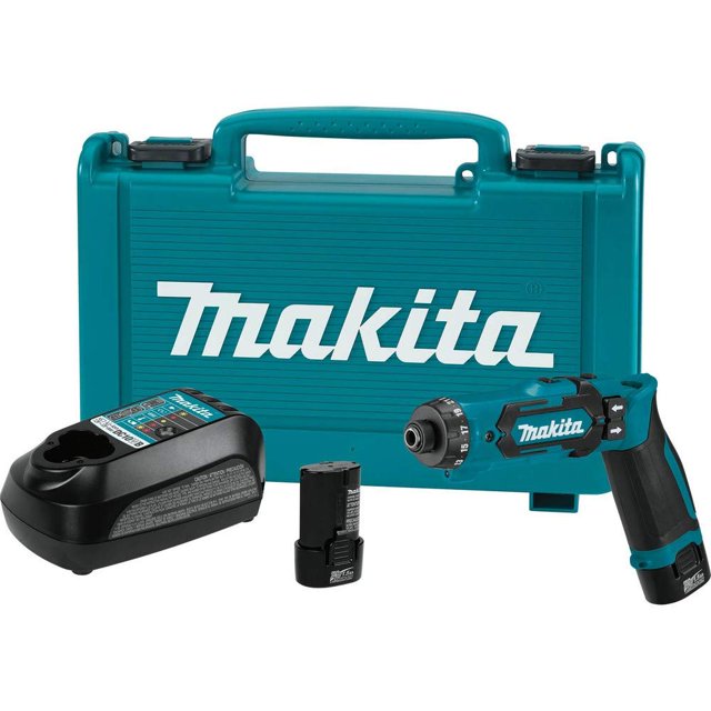 taladro perforador inalámbrico makita df012dse de 7,2 v con embrague de parada automática Taladro hexagonal azul y negro en posición de empuñadura de pistola sobre fondo blanco, con maletín rígido azul con logo Makita, cargador y batería; mandril 1/4 pulg., 21 ajustes de embrague, LED integrado que indica carga y diseño compacto de 2 velocidades (200/650 RPM). Adecuado para bricolaje ligero y montaje de muebles.