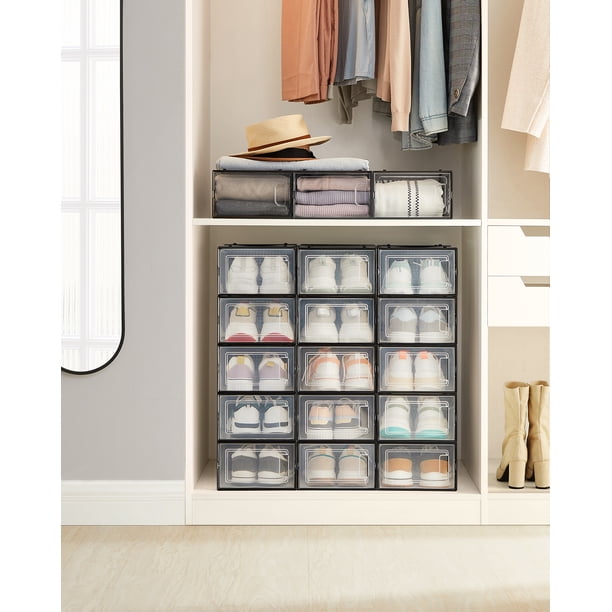 SONGMICS Cajas de Zapatos Plástico, Juego de 18 Organizadores de Almacenamiento, Caja Zapatero Plástico Plegable y Apilable para Zapatillas hasta talla 44, Transparente y Negro