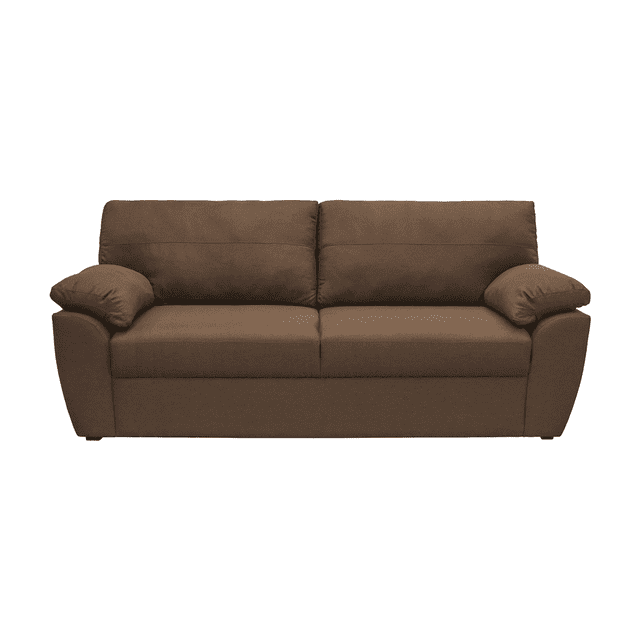 sofá 3 plazas sefora, atlas del descanso color café vista frontal; sofá para sala tapizado en tela linato color café con respaldo dividido en dos cojines altos, asientos grandes rellenos con espuma de alta densidad, brazos con almohada y base rectangular; también es adecuado para acomodar visitas o crear un rincón de lectura.