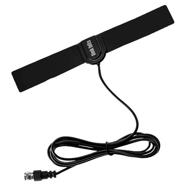 link bits antena p/tv interior Antena ultrafina interior negra de perfil plano con dos palas rectangulares y módulo central con marca, con cable coaxial largo y conector; vista cenital sobre fondo blanco, accesorio de red para TV, también suele usarse para mejorar recepción de señales digitales en habitaciones pequeñas.