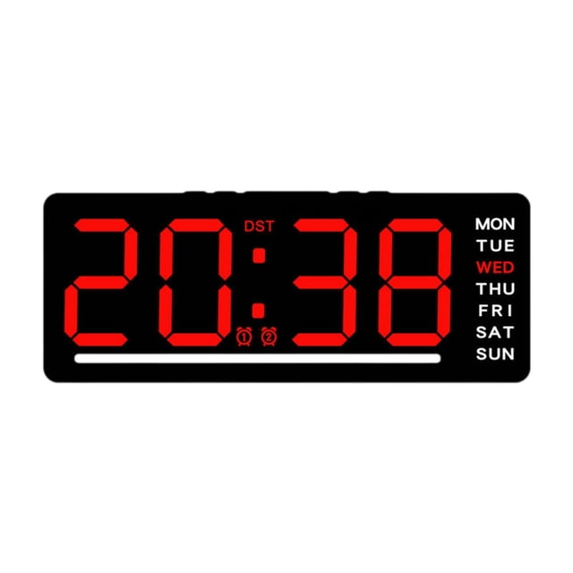 reloj digital led, regalos con dos alarmas, decoración del hogar, , reloj de escritorio, reloj de pared para dormitorio, mesa y sala de número rojo reloj LED rectangular, vista frontal centrada con dígitos rojos grandes mostrando 20:38; columna derecha muestra días de la semana (WED resaltado en rojo), dos iconos de alarma bajo los números y barra de brillo en la parte inferior. Especificado 15.5 x 2.5 x 6.3 cm, material PP, pantalla con cinco niveles de brillo y visualización de fecha y temperatura (°C/°F conmutable); a menudo utilizada como reloj de mesita o decoración de oficina.