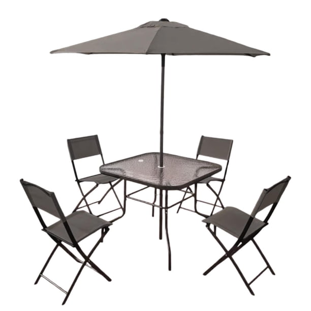 Juego De Jardin 6 Piezas Sillas Exterior Mesa Con Sombrilla gris oscuro