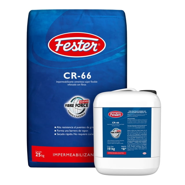 impermeabilizante cementoso súper flexible reforzado con fibras fester cr-66 fibre force 35 kg gris bolsa azul y cubeta blanca, vista frontal centrada; dos componentes que forman una barrera de vapor, alta resistencia al puenteo de grietas, secado rápido y no requiere curado; al mezclar adquiere consistencia cremosa y es fácil de aplicar, apto para superficies con movimiento.