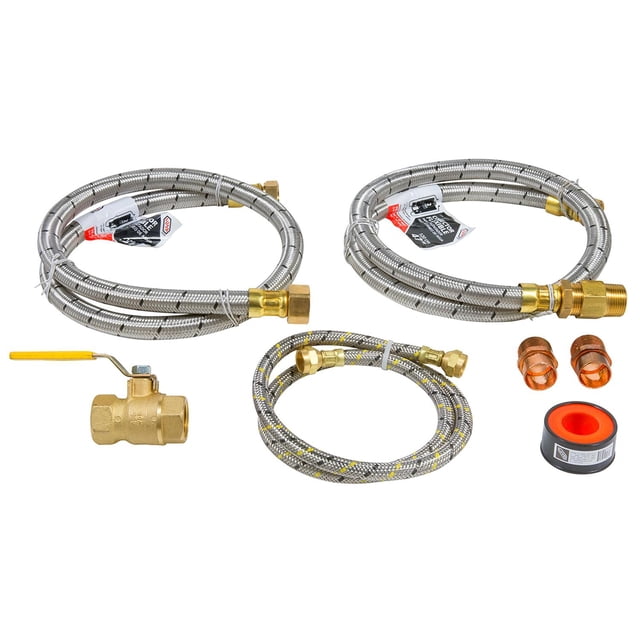 kit completo para instalar calentador instantáneo Multicolor IUSA, mangueras trenzadas 1.20 m 3/4” MNPT x 1/2” HNPT y 3/4” HNPT x 1/2” HNPT, manguera 1.00 m 3/8” HFlare x 3/8” HFlare, válvula de esfera de latón 3/4” HNPT, adaptador macho cobre 3/4” MNPT y cinta PTFE 3/4” x 260" sobre fondo blanco; para conexiones de agua y gas domésticas, también se suele usar para reemplazos rápidos en instalaciones de calentadores.