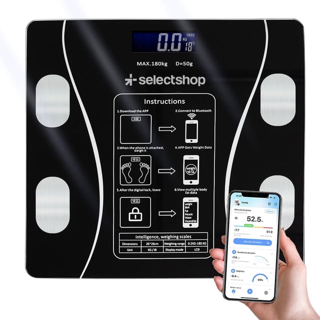 bascula de cuerpo cuadrada digital selectshop bluetooth hasta 180 kg vista cenital frontal, báscula negra con pantalla LCD superior mostrando 0.0, cuatro electrodos metálicos circulares, logotipo SELECTSHOP y texto MAX.180kg en centro, instrucciones impresas en el panel y mano sosteniendo teléfono con la app; acabado brillante y esquinas redondeadas; suele usarse para registrar peso personal vía Bluetooth.