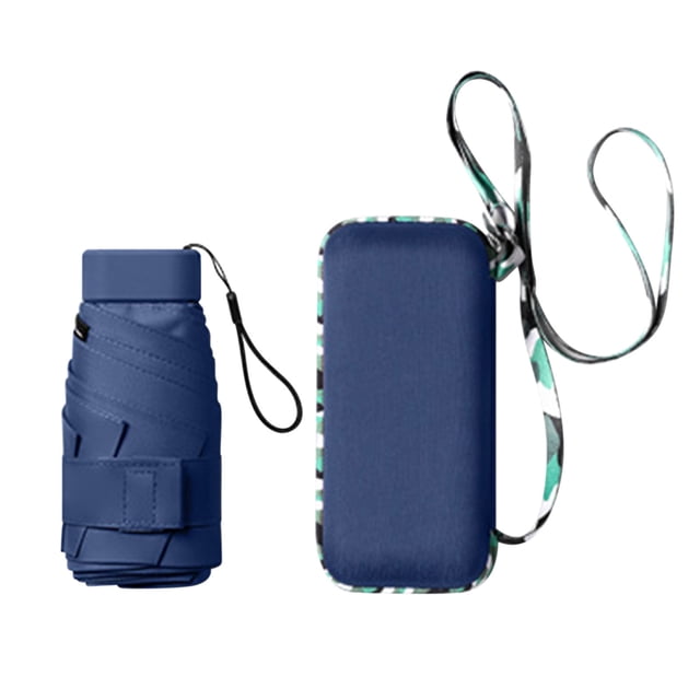 xihbxyly sombrilla compacta protección ultravioleta diseño mini portátil apertura manual varillas de fibra ligeras 90 cm de diámetro, plegada en azul con funda rectangular y correa, cierre de velcro y asa de muñeca; también adecuada para llevar en bolsos de mano durante paseos al aire libre.