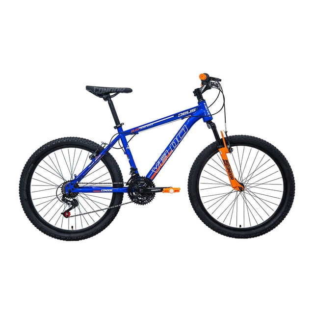 bicicleta veloci deus 2.0 rodada 24 azul de montaña vista lateral derecha, cuadro rígido acero rodado 24" pintado azul, tijera suspensión delantera naranja, transmisión triple 21 velocidades Condor, rueda libre 7 velocidades 14-28T, frenos V-brake con palancas de aluminio, rines aluminio doble pared y asiento MTB; adecuada también para rutas y paseos recreativos.