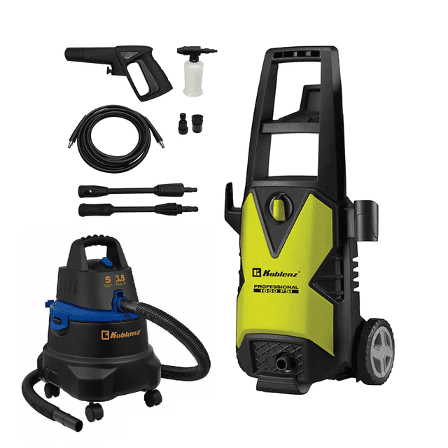 hidrolavadora y aspiradora koblenz ecom16 color negro combo: hidrolavadora vertical Koblenz con panel frontal amarillo, ruedas y mango superior; manguera de 5 m, pistola gatillo y lanza ajustable, 1650 PSI y caudal 4.5 l/min; aspiradora Koblenz WD-5 5 gal (3.5 HP) negro/azul con manguera de 1.25” y tubos telescópicos. También suele usarse para limpieza de talleres domésticos y almacenamiento de accesorios.