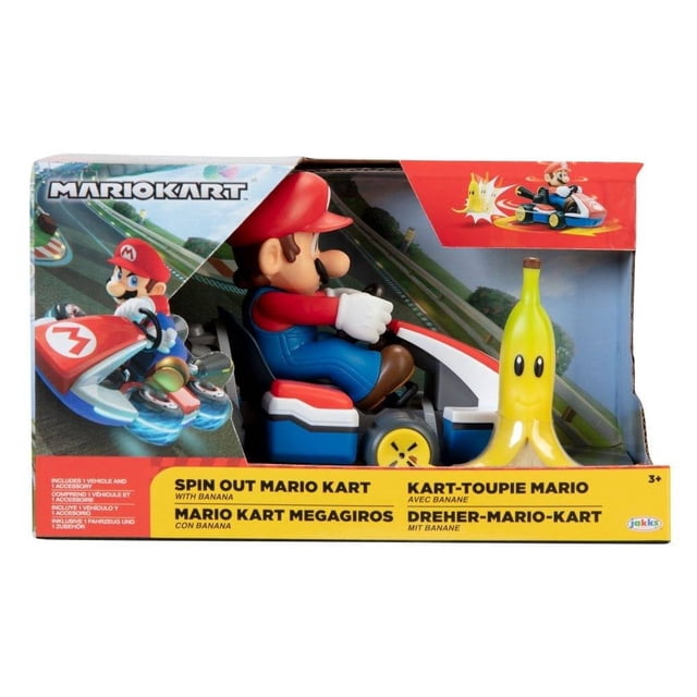 vehículo nintendo spin out mario kart juguete interactivo en empaque con figura de Mario sentado en kart rojo y azul, gatillos delantero y trasero para activar giro 360 visibles, incluye accesorio de cáscara de plátano amarillo; ideal para juegos imaginativos.