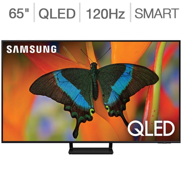 pantalla de 65 pulgadas qled samsung 4k, vista frontal centrada de televisor negro sin bordes visibles con base central; pantalla muestra una mariposa azul y negra sobre flor naranja y logotipo Samsung en esquina superior izquierda. Texto indica QLED y 120Hz. Especificaciones: Quantum HDR, Tizen Smart TV, Dolby Audio, multiconectividad 4 HDMI/2 USB/LAN y compatibilidad con Alexa y Google Assistant; suele usarse para streaming y juegos vía Samsung Gaming Hub.