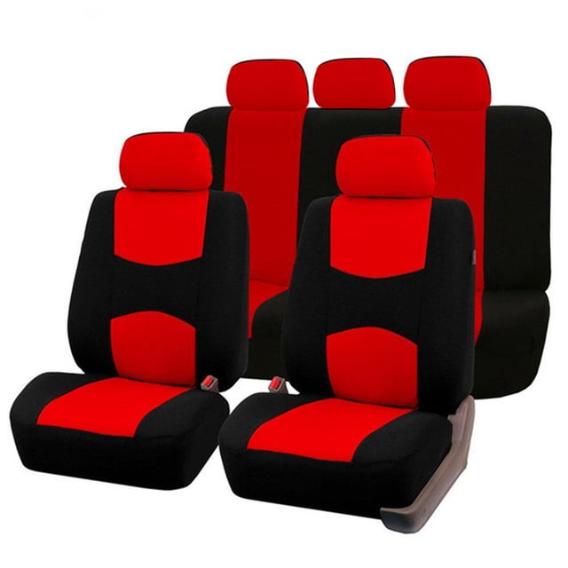 fundas para asientos de coche fundas universales para reposacabezas de coche protector de cojín impermeable para la mayoría de coches con reposacabezas independientes anggrek otros Conjunto universal en tela transpirable rojo y negro; vista frontal con dos fundas de asiento delanteras, respaldo trasero completo y cinco fundas para reposacabezas separadas; paneles centrales rojos, laterales negros, costuras visibles, apto para la mayoría de asientos con reposacabezas independientes, lavable y de fácil desmontaje, uso en cuatro estaciones.