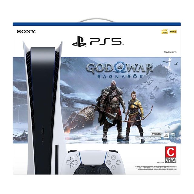 consola estándar playstation 5 god of war ragnärok caja frontal con consola PS5 blanca en posición vertical a la izquierda; arte del juego God of War Ragnarök al centro con Kratos y Atreus en paisaje nevado; control DualSense blanco en primer plano y logos PS5 y 4K/HDR en la parte superior.