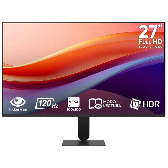 monitor 27" lg 27u411a-b 5ms 120hz panel ips full hd hdmi d-sub Vista frontal centrada del monitor LG 27" 27U411A-B en negro con marco casi sin bordes y base delgada; pantalla IPS 27" mostrando gráfico colorido y texto "27" Full HD (1920 x 1080). Especificaciones clave: 120 Hz, 5 ms (GtG), sRGB 99%; conectividad listada: 1 x HDMI, 1 x VGA (D-Sub).