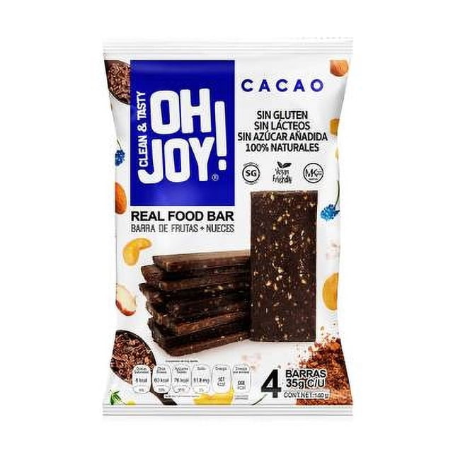 barra de frutas oh joy! cacao + nueces 4 pzas de 35 g c/u paquete frontal, vista centrada; empaque blanco con logo OH JOY! en azul, barra rectangular de cacao con trozos de nuez y pila de barras; leyendas: sin gluten, sin lácteos, sin azúcar añadida y 100% naturales; snack portable para antojos.