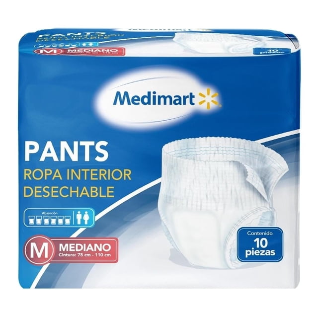 ropa interior desechable medimart pants mediano 10 pzas Paquete azul con logo Medimart que muestra un pants desechable blanco frontal con cintura elástica y costuras visibles; talla mediano (cintura de 75 a 110 cm) y contenido 10 piezas; también puede usarse para viajes o cuidados temporales no médicos.