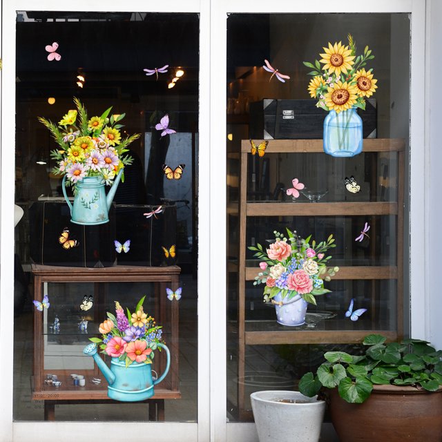 Fresh Vases Green Plants Flowers Glass Stickers Home Decoration Wall ...