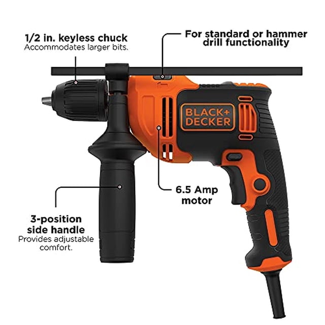 black+decker taladro de percusión, 6.5 amperios, 1/2 pulgada (behd201) taladro con cable vista lateral derecha; carcasa negra y naranja, mango pistolero con gatillo, mango lateral ajustable de 3 posiciones, portabrocas sin llave de 1/2 pulg., interruptor de 2 posiciones para modo estándar o percusión, diseñado para perforar mampostería y madera; también suele emplearse para instalaciones y trabajos de obra pequeña.