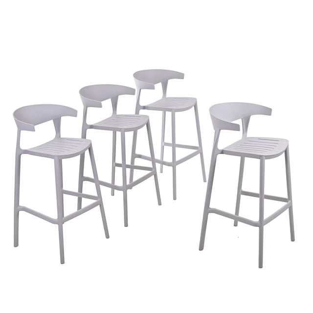 set 4 bancos bar cocina desayunador barra respaldo plástico gris modelo 8050C, cuatro taburetes grises con respaldo parcial curvo, asiento ranurado y patas con reposapiés, vista 3/4 sobre fondo blanco, aptos para barra, cafetería o recepción; también usados como asientos adicionales en áreas comunes.